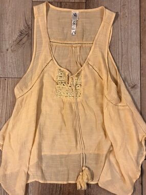 Gracie Cream Crochet Tie Tank Top Sheer Yellow Eyelet Tassel  Boho Tank XL